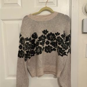 Z Supply Cream and Gray Crewneck Sweater with Floral Design